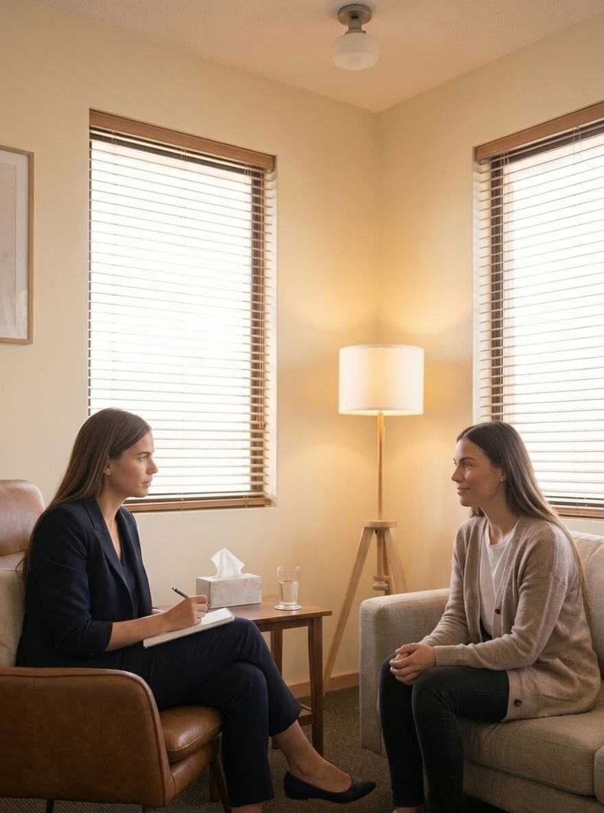 A warm, professional trauma recovery counseling session in progress