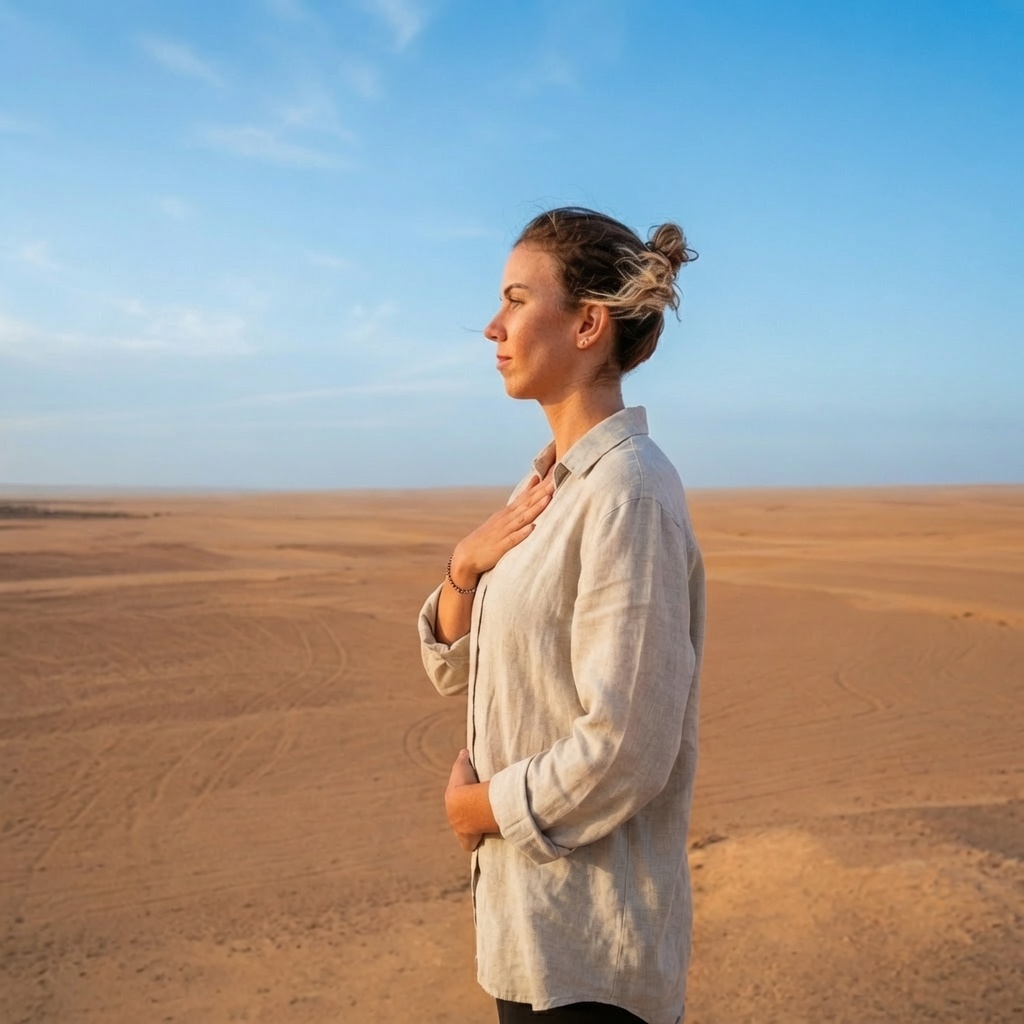 Vera Terzieva standing calmly in a desert landscape, embodying grounded presence