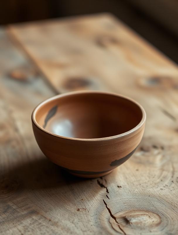 Handmade ceramic bowl on a rough wooden table